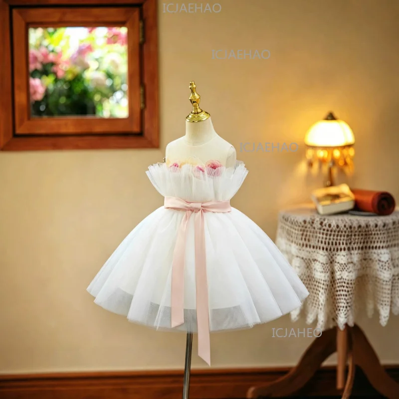 Children Princess Dress Girls White Floral Evening Gown Tutu Flower Girl Kids Birthday Performance Costume Party Banquet Wedding