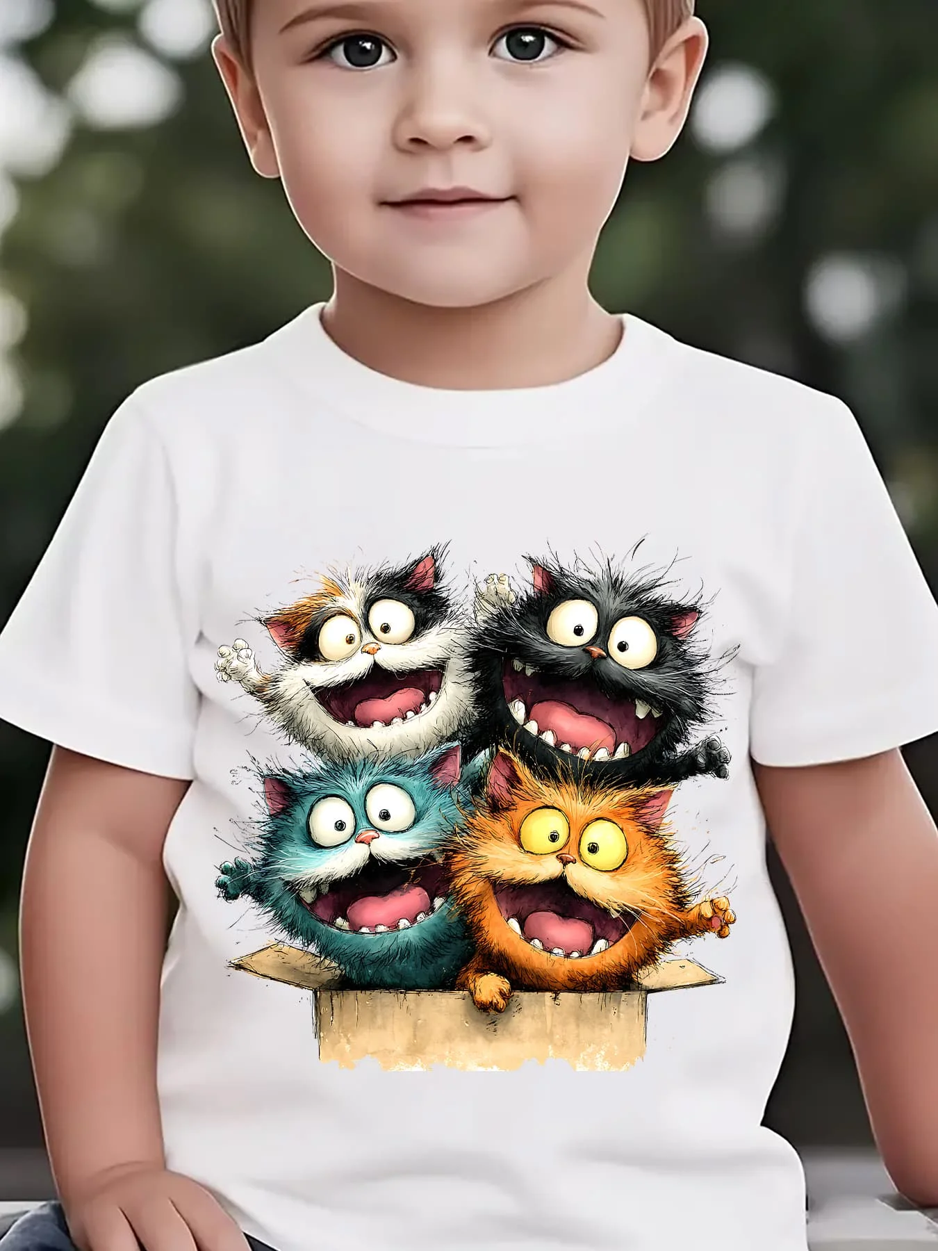 Four Crazy Fluffy Cats Jump Out Of Box Cartoon Family Matching Cotton Tees Short Sleeve Tops For Mom Dad Boys Girls Daily Wear