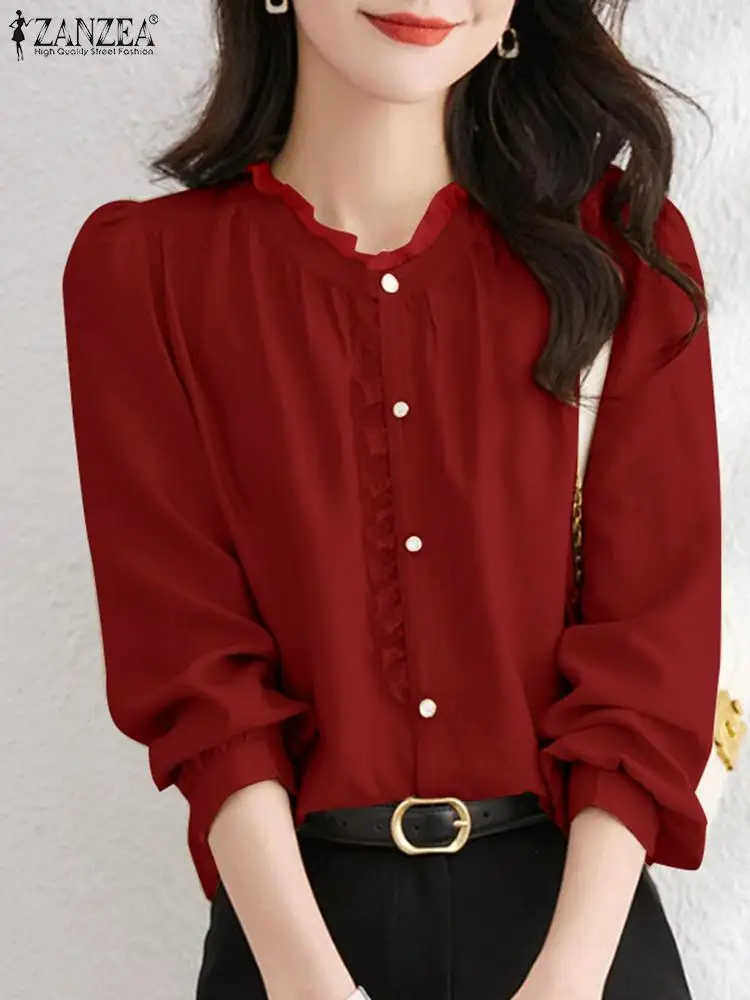 

Summer Long Sleeve Ruffle Shirt 2024 ZANZEA Elegant Office Lady Blouse Women Fashion Solid OL Work Blusas Casual Patchwork Tops