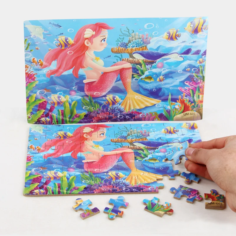 60Pcs Kids Wooden Jigsaw Puzzles Iron Storage Box Cute Cartoon Mermaid Castle Boys Girls Early Learning Educational Toy