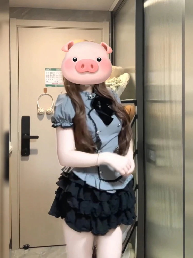 College Style Slimming Suit Dress for Women Summer 2025 New Design Short Sleeve Shirt + Layered Short Skirt Two-Piece Sets