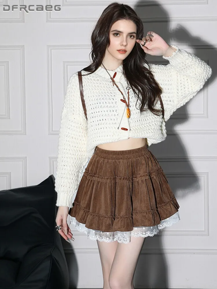 

Preppy Style Lace Patchwork Velvet Short Skirt For Women Autumn Winter Casual Ball Gown Hot Sweet Velour Mini Skirts Lady