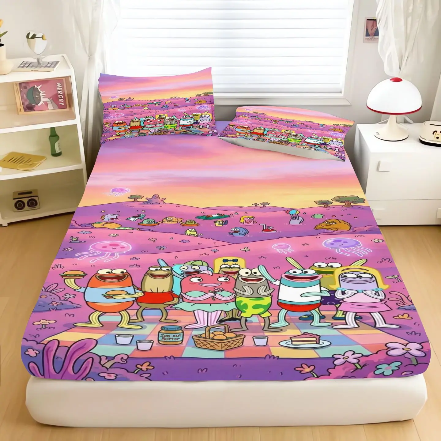 Cartoon SpongeBob Bed Sheet Set, Pink Fitted Sheet With Pillowcase, Anime Character Bedding Set, Mattress Cover For Bedroom view 5