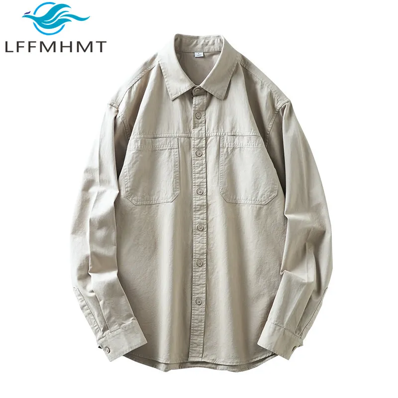 Men's 400G Heavyweight Cotton Cargo Shirt Long Sleeve Vintage Workwear Jacket with Multi-Pockets Casual Blouse for Spring Autumn