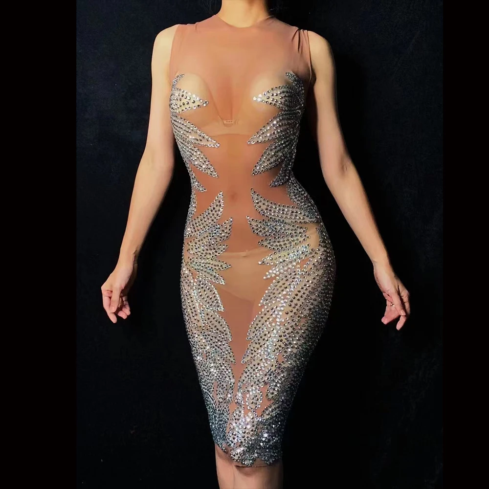 

Sexy Bling Silver Rhinestones Transparent Brown Mesh Sleeveless Dress Birthday Celebrate Club Performance Dance Photoshoot Dress