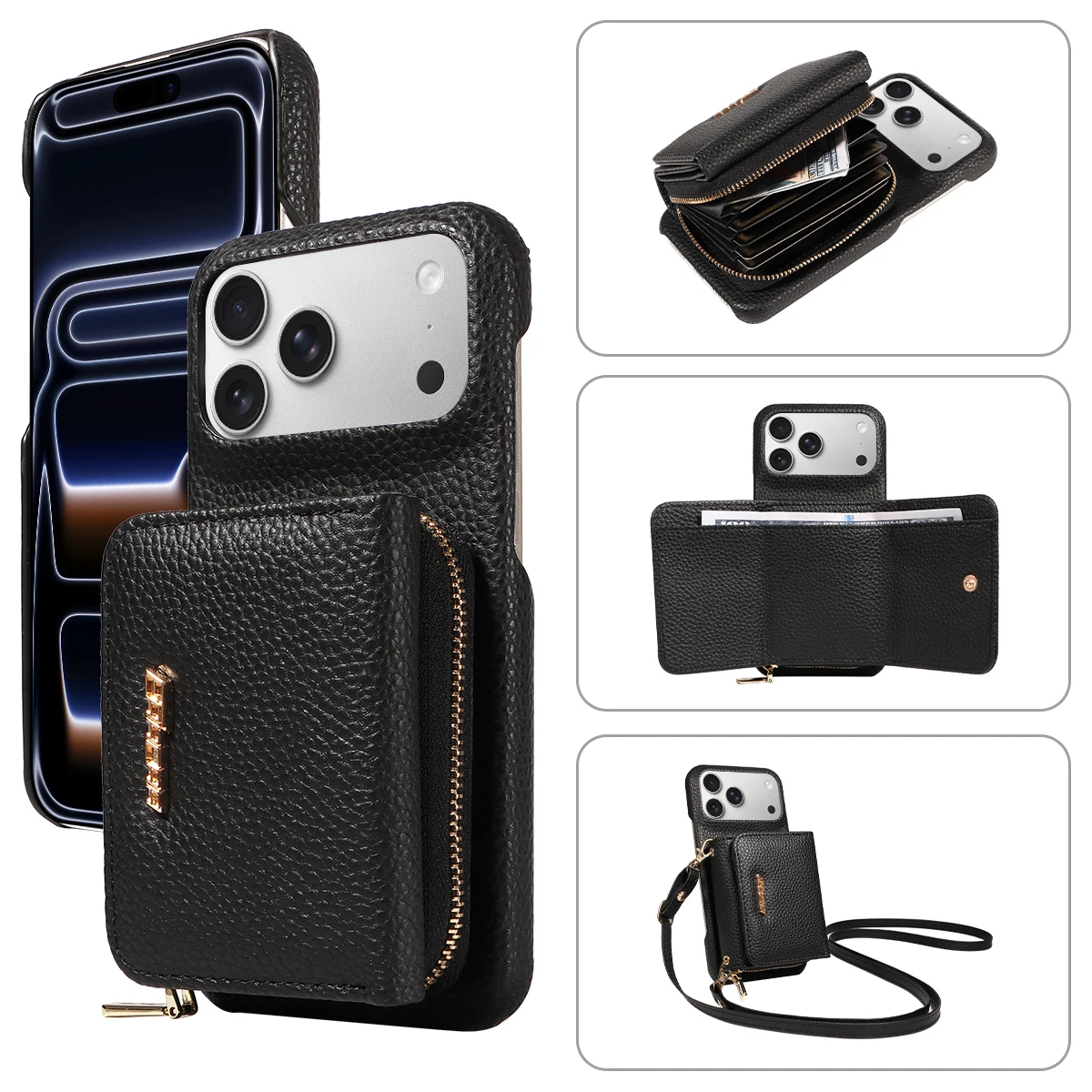 Umhängetasche aus PU-Leder für iPhone 17 16 15 14 13 12 11pro Max Plus Mini Air 16e mit Ständer und Kartenfächern