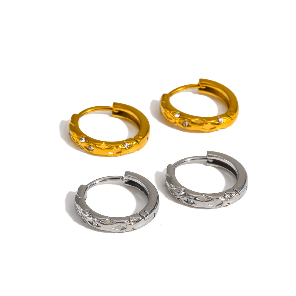 Exquisite Damen-Ohrringe aus Edelstahl mit Zirkonia-Sternen, runde Creolen, minimalistisches, niedliches Schmuckaccessoire – Detail 1