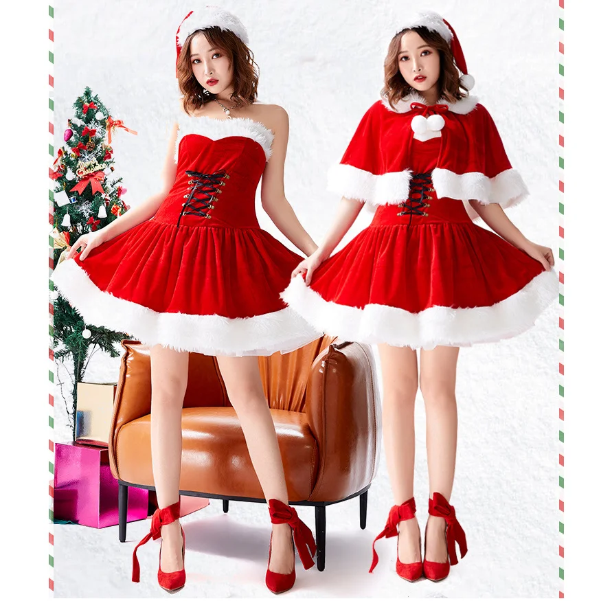 

Christmas Costume Sexy Santa Claus Uniform New Year Plush Strapless Dress Shawl Kawaii Women Girl Xmas Bunny Outfit Fancy Dress