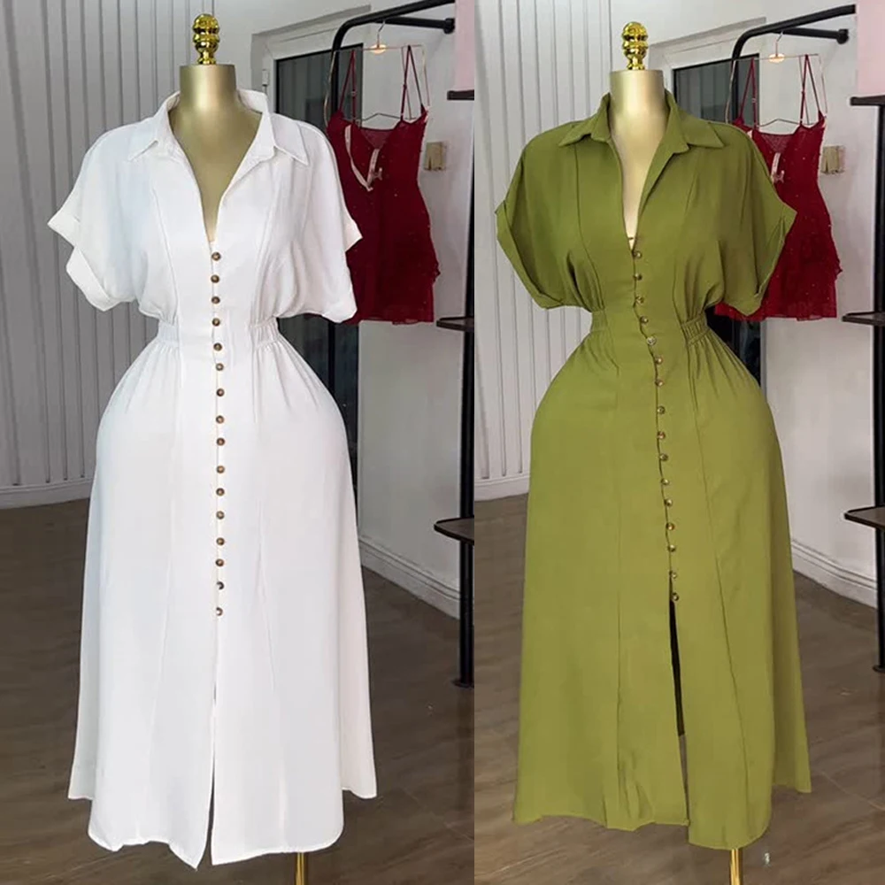 Klassisches Damen-Maxikleid im Sommer 2025, modisch, kurzärmelig, lang, einreihig, für Geburtstagsfeier, tailliertes Hemdkleid mit Schlitz