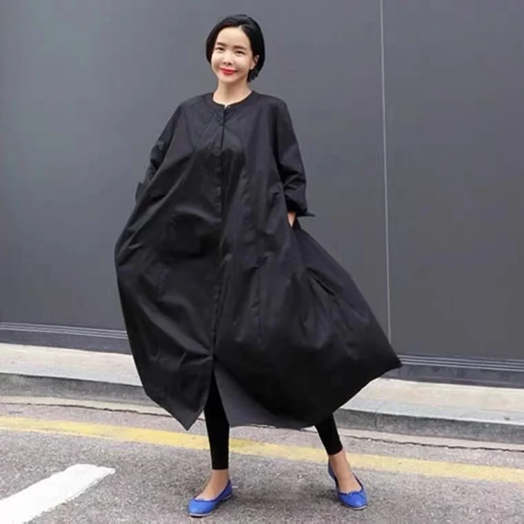 Vestido Csa Solto Estilo Coreano Longo Acima do Joelho Casual Emaecedor Camada Base de Aodão Primavera Outono Saia Eva...