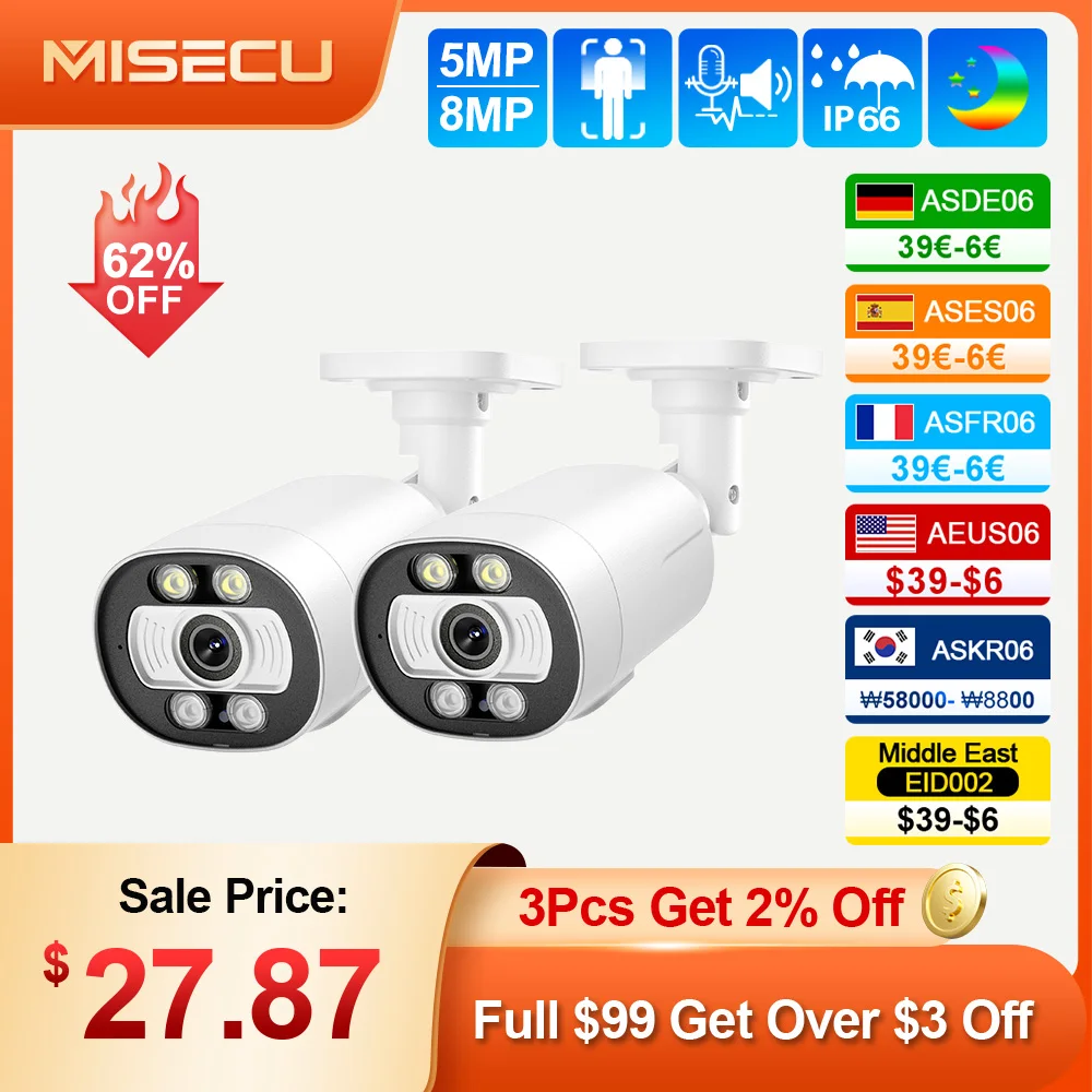 MISECU Super HD 5MP 8MP POE IP Camera Outdoor Surveillance Security Camera Two Way Audio Ai Human Detection Color Night Vision