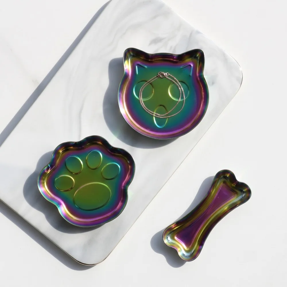 3pcs Stainless Steel Kitten Jewelry Tray Earphone Key Organizer Small Cat Paw Ring Holder Decorative Trinket Dish