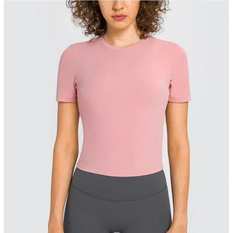 Limão feminino em torno do pescoço de fitness manga curta camiseta colheita superior secagem rápida camisa curta yoga esporte treinamento abrangente jogging