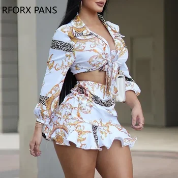 2023 Spring Elegant Allover Print Shirt & Sexy Mini Skirt Sets Women Suits