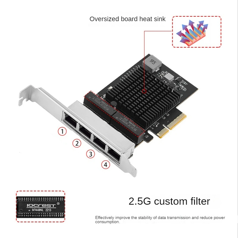 

IOCREST 2.5G 4 Port Pcie RJ45 Lan 10/100/1000/ 2500Mbps RTL8125B Chip Quad Server 2.5 Gigabit Ethernet Wired Game NIC