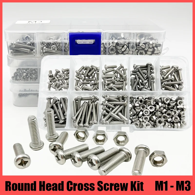 

304 Stainless Steel Cross Round Phillips Pan Head Screw Bolt Phillips Screw Nut Machine Screw Set M1 M1.2 M1.4 M1.6 M2 M2.5 M3