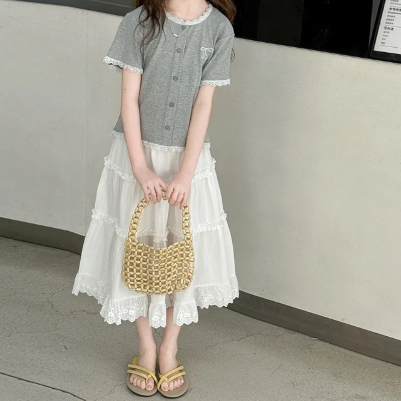 Girls Regular Shoulder Short Sleeve Skirt Set Cute Ruffle Trim Breathable Soft Cotton Casual Loose Fit Outfit for Kids Daily