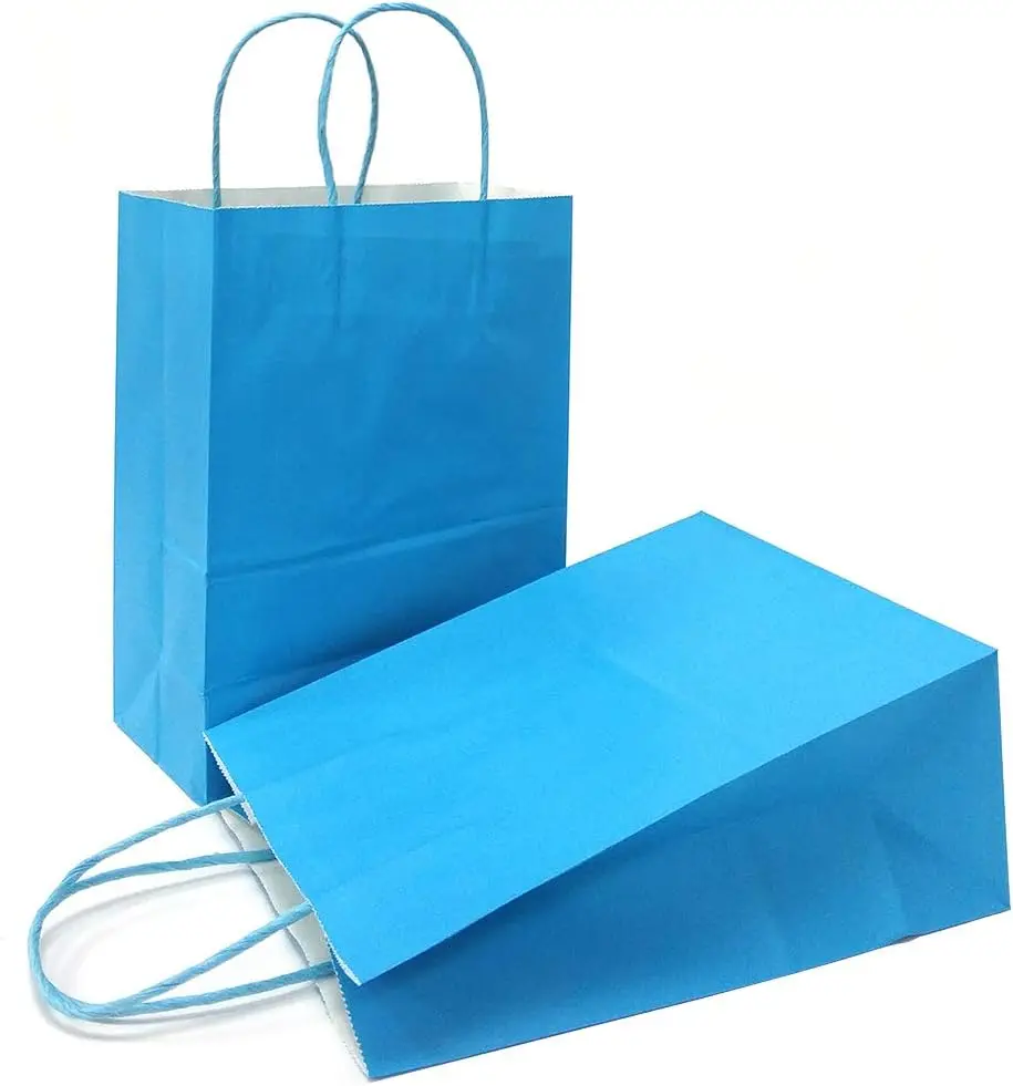 

Small Plain Natural Paper Kraft Gift Bags with Handles Blue Paper Bags for Birthday Party