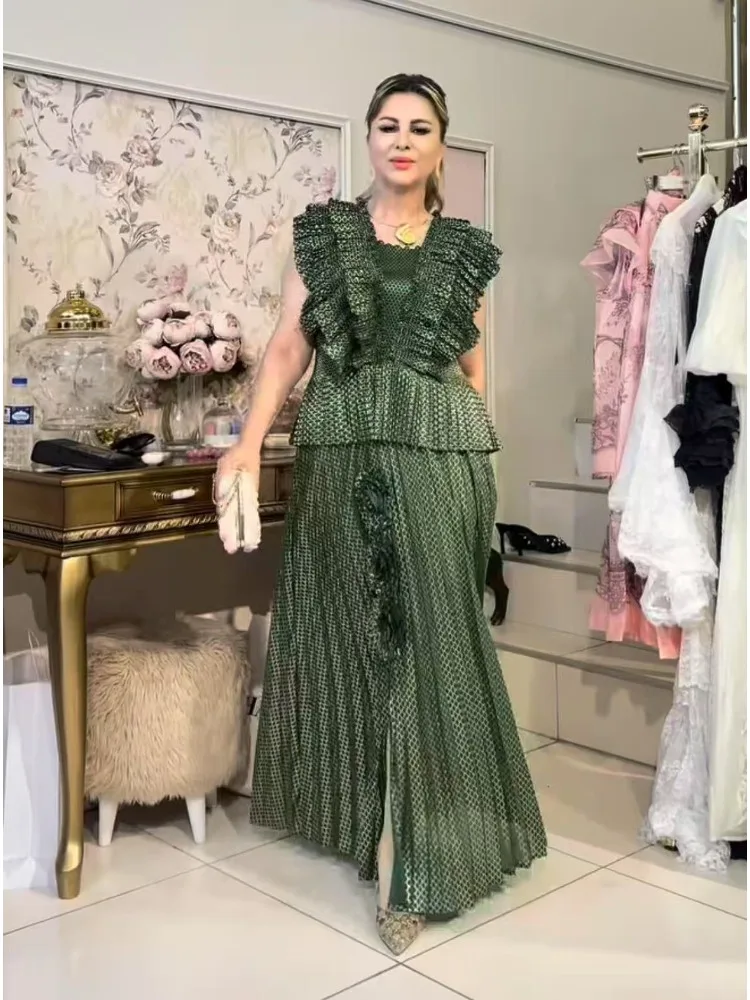 

Miyake Pleated Suit Sleeveless Round Neck Pendant Feeling Flower Elegant Two-piece Set Long Dress Women Clothing 2025 Summer New