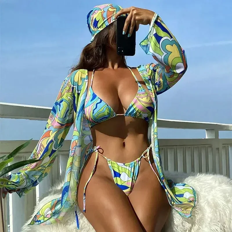 Sexy Driehoekige Push-Up Bikiniset Met Lange Mouwen Mesh Cover Up Bedrukt 3-delig Zwempak Damesbadpakken Badkleding Strandkleding