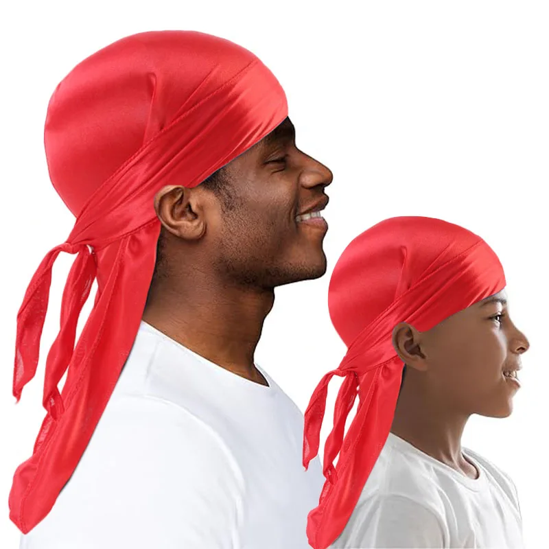 2PCS/LOT Parent-child Pirate Hat Cap Hair Bands Silky Durag Long Tail Hat Headwear For Women Man Ribbon Turban Outdoor Wear