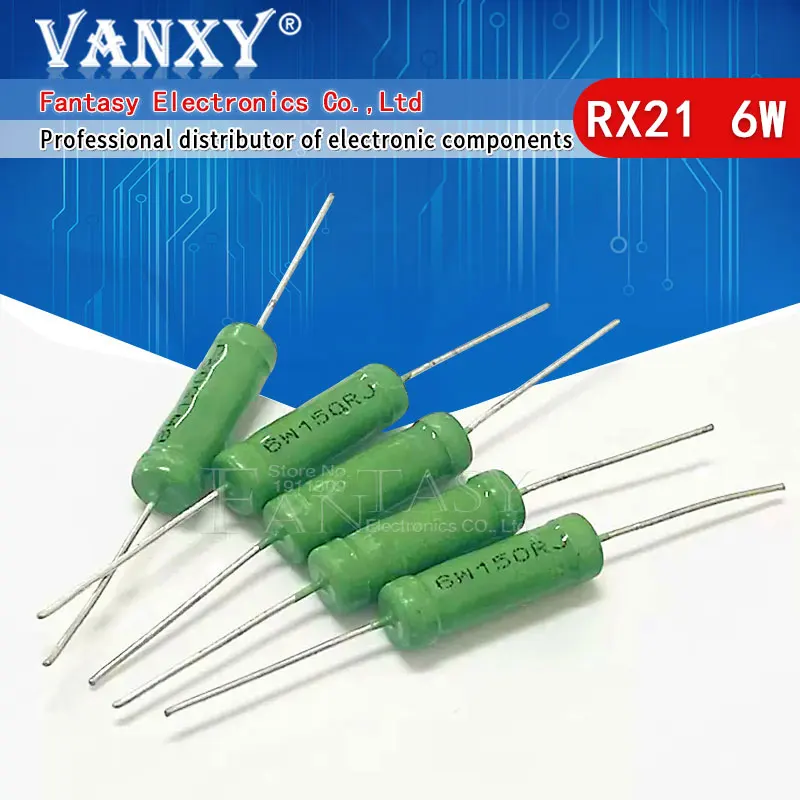 5PCS RX21 6W Resistência à ferida do fio 5% 1R 10R 100R 1K 10K 12K 15K 18R 20R 22R 24R 27R 30R 33R 36R Resistor