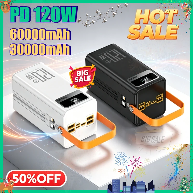 60000mAh 30000mAh Portable Power Bank  LED Charger Emergency Power Bank 120W Fast Charging Power Station for Home Camping Phone