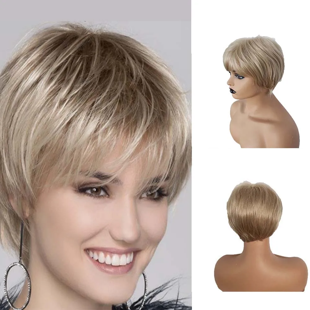 

30cm Short Ombre Blonde Wig Synthetic Bob Straight Hair With Bangs Women Natural Daily Wear Wig