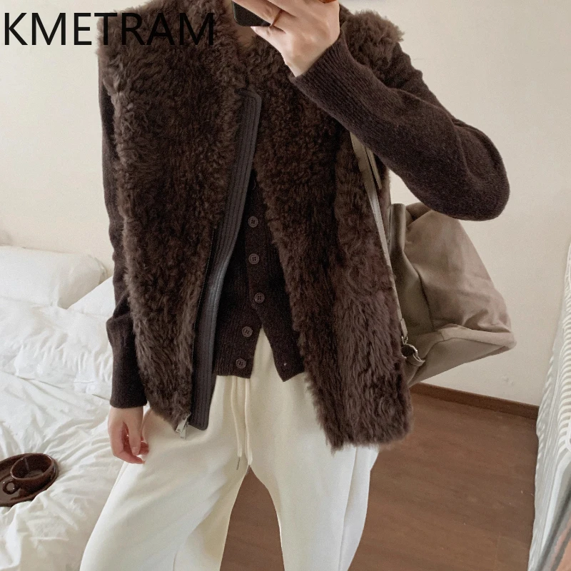 KMETRAM 100% Lacon Pelle di pecora Lana Gilet di pelliccia Donna Breve High-End Giacca di lusso Autunno-Inverno Abbigliamento semplice 2025 vestes femmes