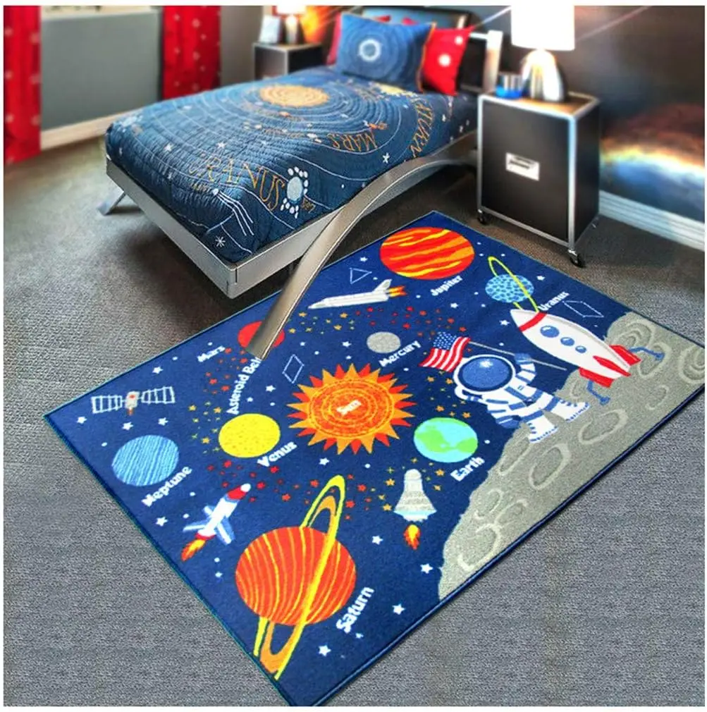 Outer Space Kids Play Area Rug, Solar System Carpet, Galaxy Planets Stars Play Mat Rug for Boys Girls, Home Decor, Educational