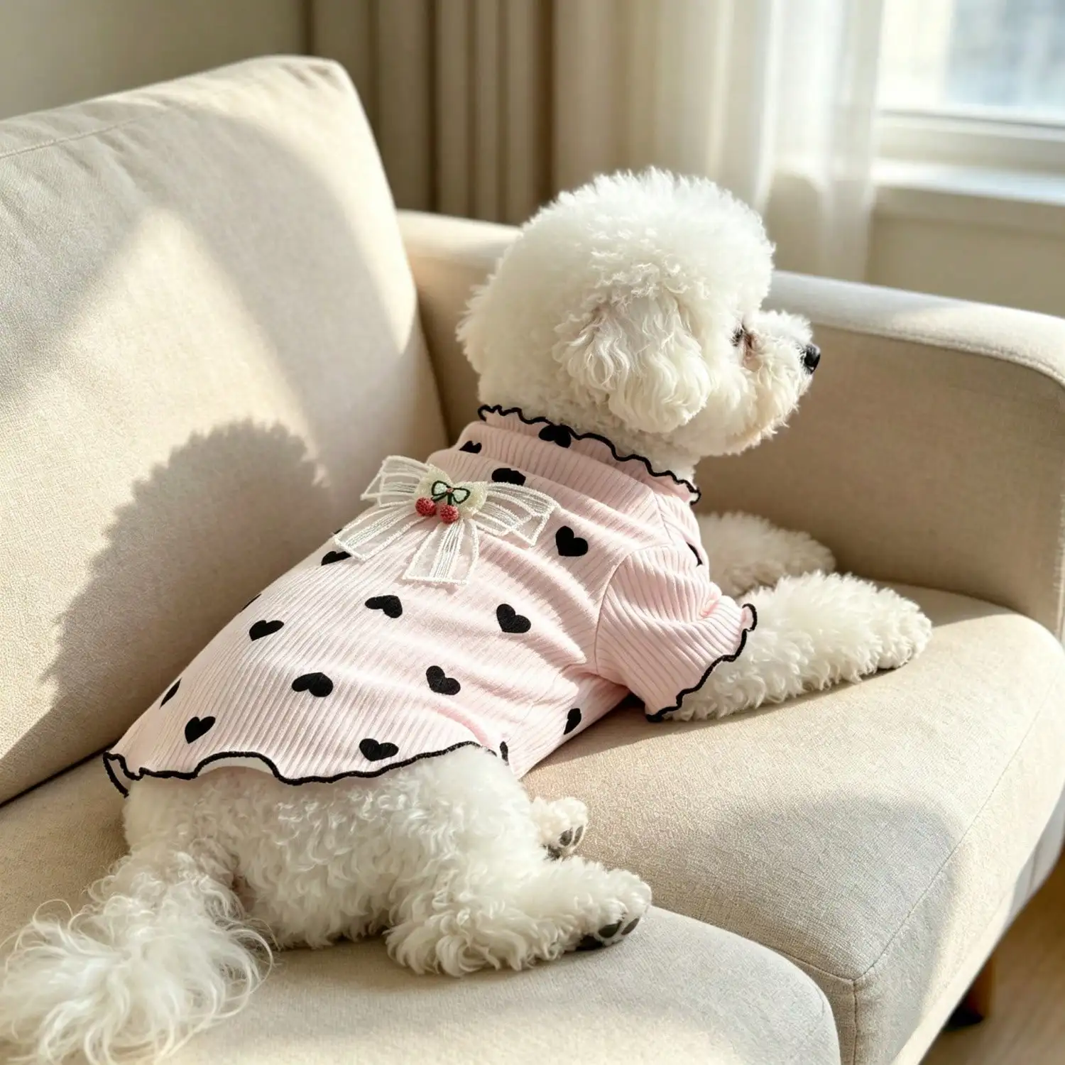 1 Stück Haustier-Hundetop mit Herz-Print, Rüschenbesatz, niedlicher Netzschleife und Kirschdekoration, Pullover-Shirt, weiche Strickkleidung – Detail 13