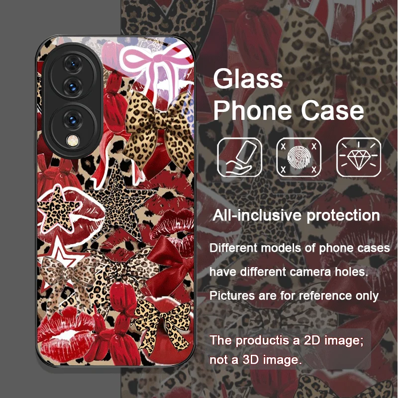 Casing Handphone Kaca Temper Motif Leopard Strawberry Bow untuk Huawei Honor 200 Lite 100 300 Pro 90 GT X8 4G X9 Magic 7 6 5Pro
