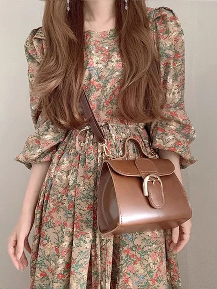 Chic Summer New Gentle Personali round Ne Bubble Sve Belted Waist Slim Long Floral Print Dr Korean Sle A-Line Skirt