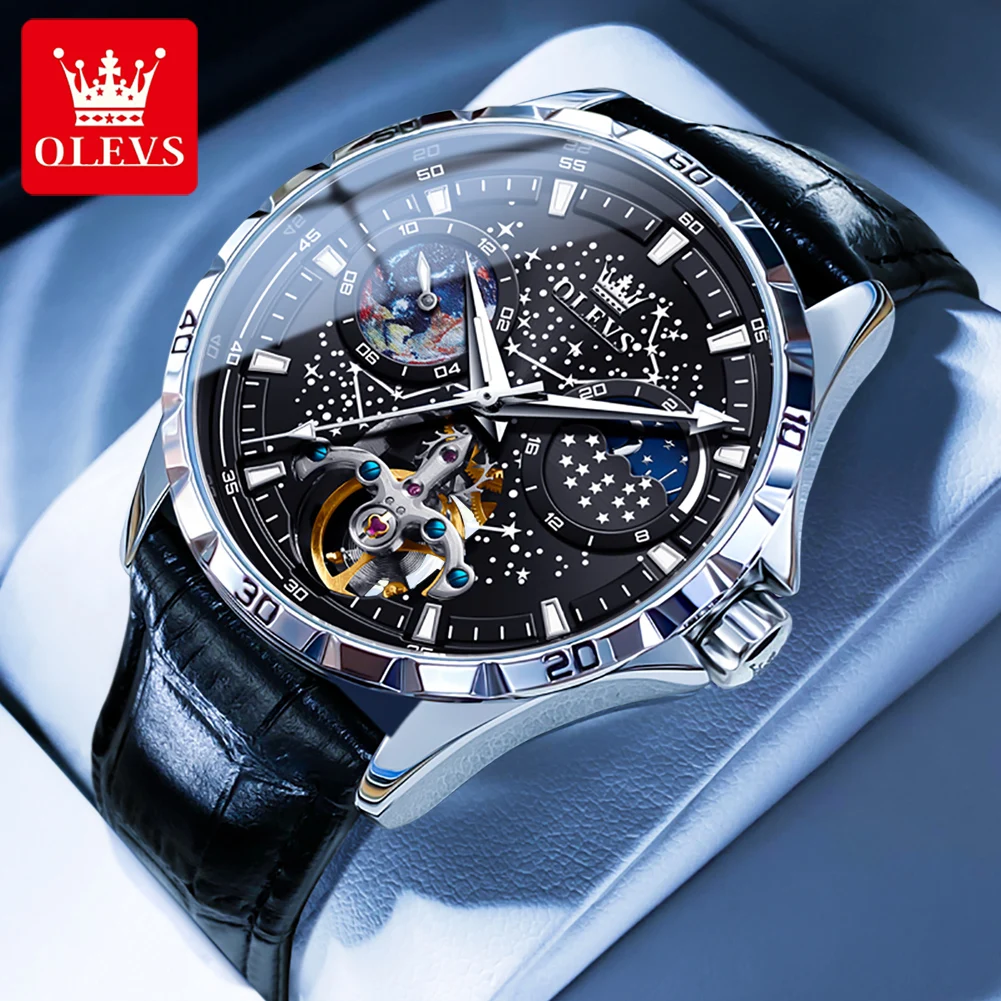 OLEVS Herrenuhren, wasserdicht, multifunktional, leuchtend, vollautomatisch, mechanische Uhr, Mondphase, Sternenhimmel, Original-TOP-Marke