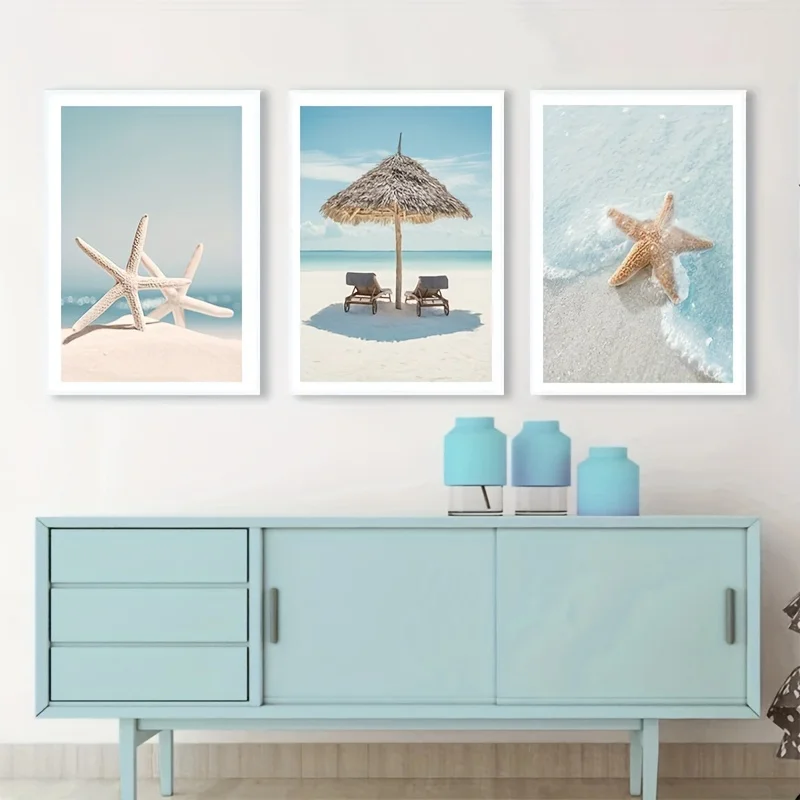 

3pcs/set Blue Sea Beach Starfish Landscape Canvas Painting Scenery Poster for Living Room Decoration and Home Decor No Frame