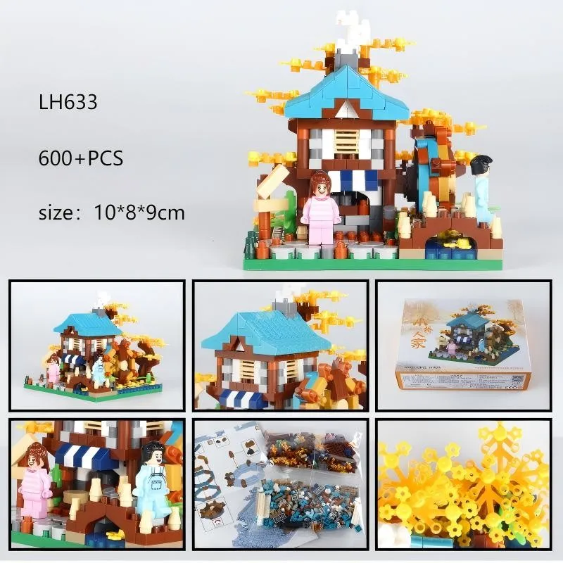OUZEY 600 + peças MOC Mini blocos de construção: quatro estações Sakura e moinho de vento casa micro tijolos montar kit, presente criativo para crianças