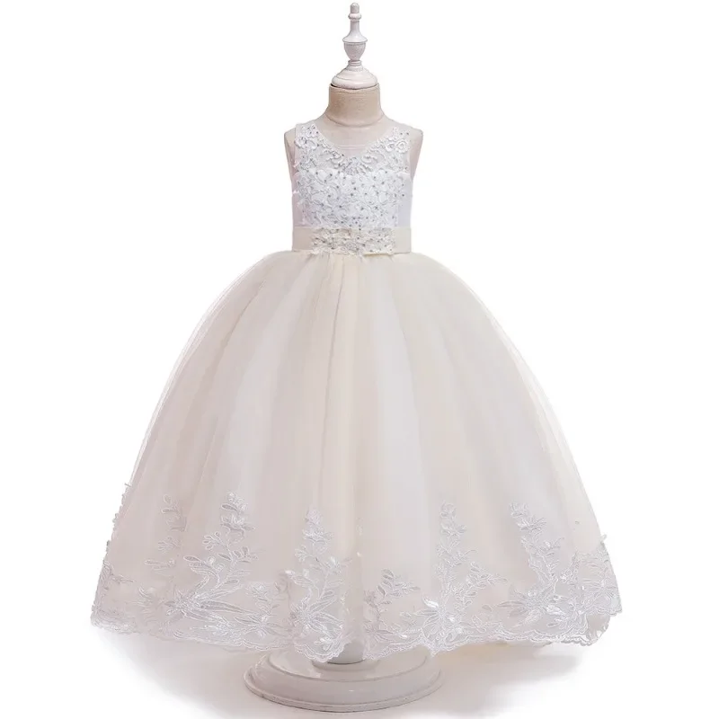 Robe de soirée en maille pour enfants, tenue de soirée longue, princesse, dentelle, traîne, ligne A, mariage