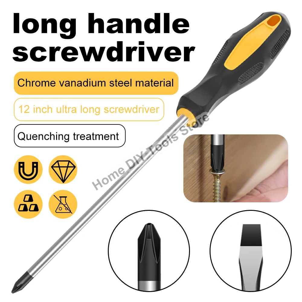 

12 Inch Extended Screwdriver Long Slotted Cross Screwdriver Magnetic Screwdriver With Rubber Handle Repairing Hand Tool