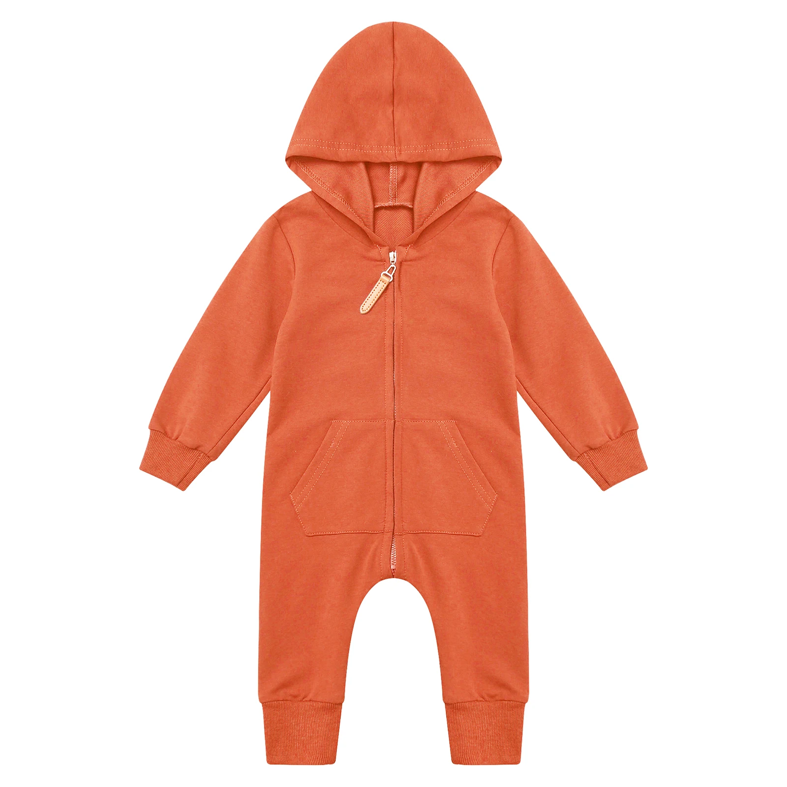 

Newborn Baby Fall Winter Warm Hooded Jumpsuit Soft Cotton Long Sleeve Front Zipper Pockets Romper Hoodie Bodysuit Casual Wear