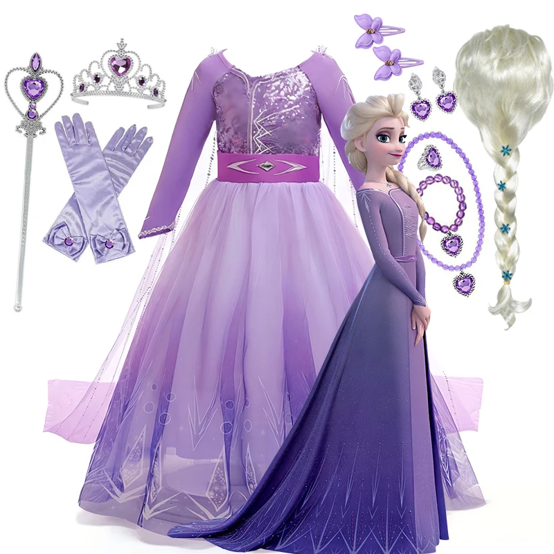  Disfraz de Elsa de Frozen para niña, ropa de carnaval de manga larga morada para fiesta de cumpleaños, ropa de princesa Elsa para niños