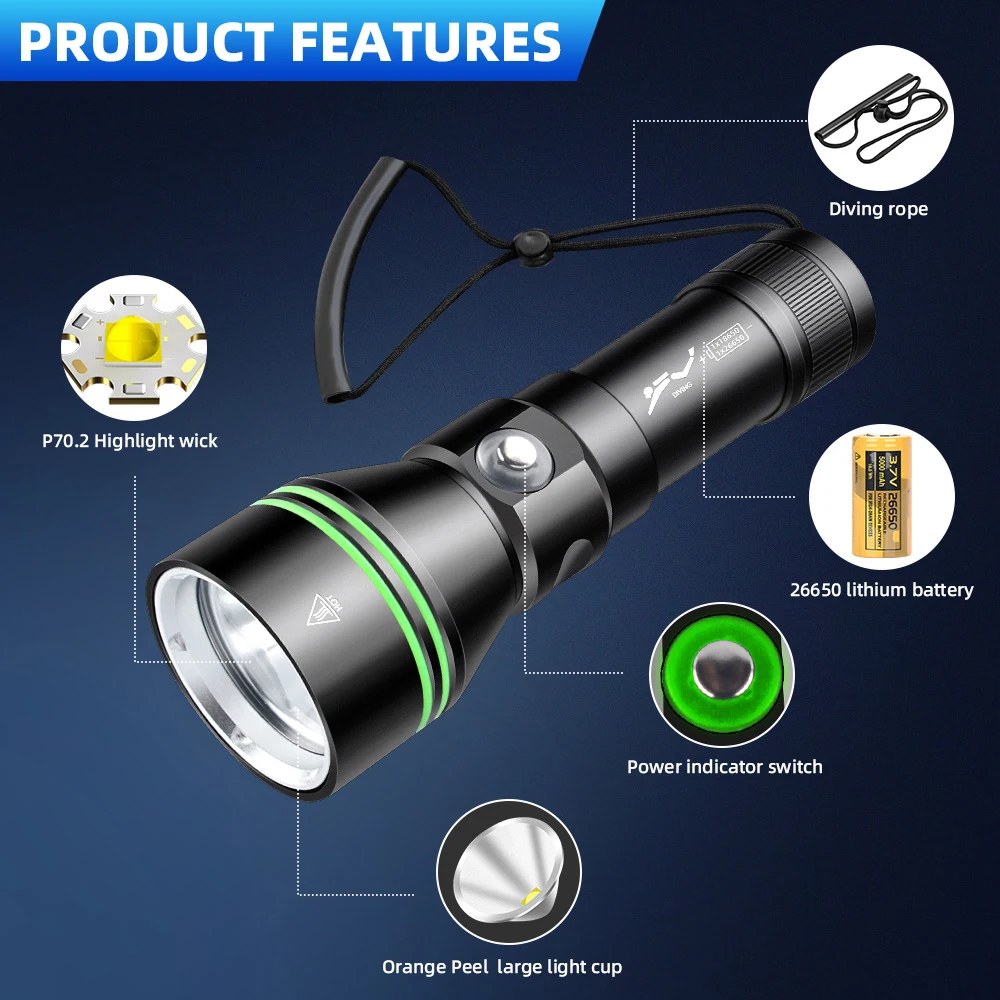 Powerful LED Diving Flashlight 3800LM XHP70 Professional Underwater Diving IPX8 Waterproof rating Lamp Using Using 26650 Battery