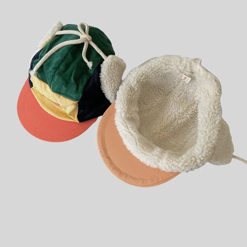 2026 Witer Kids Infant Trapper Hat Patchwork Corduroy Winter Cap with Sherpa Earflaps Vintage Warm Ski Hat for Toddlers