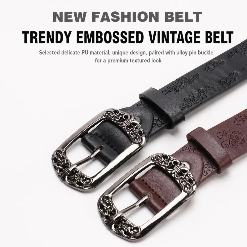 Alloy Pin Buckle Embossed PU Leather Belt Antique Metal Buckle Adjustable Carved Buckle Waist Belt Unisex Design Faux Leather
