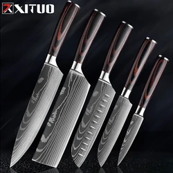 XITUO Pro Kitchen Chef Knife Super Sharp Stainless Steel Cleaver Laser Damascus Pattern Vegetable Santoku Knives 1-5PCS Set