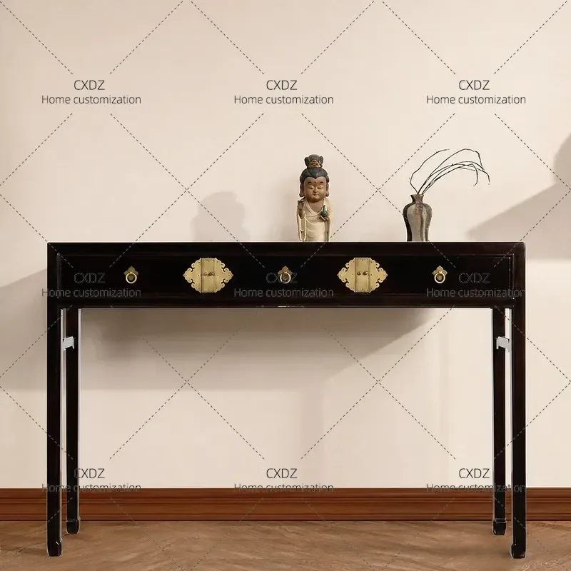 New Chinese Style Solid Wood Storage Console Table Black Lacquer Flat Top Entryway Table with Partition Shelf for Living Room