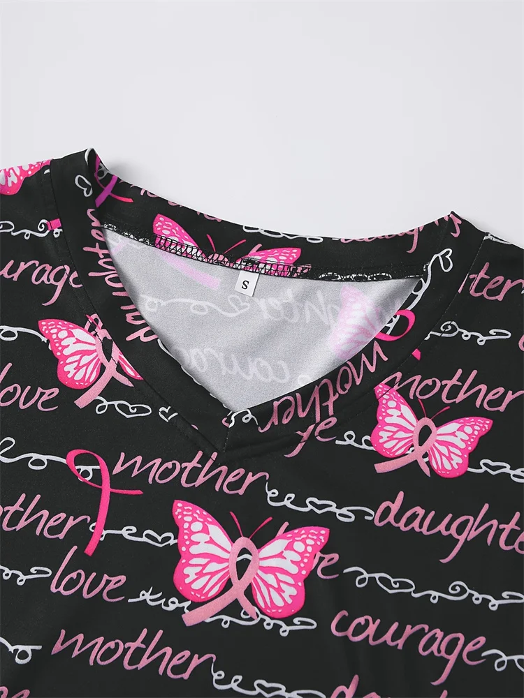 Uniformes quirúrgicos con estampado de mariposa para mujer, Tops de manga corta con bolsillo y cuello en V, uniforme sanitario elegante para enfermería