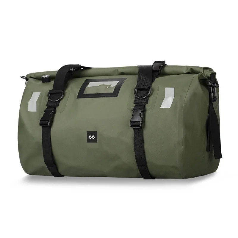 Roll‑Top Motorcycle Dry Duffel Bag, 40L/66L Waterproof PVC Luggage, Reflective Motorbike Rear Rack Storage Bag for Road Trip