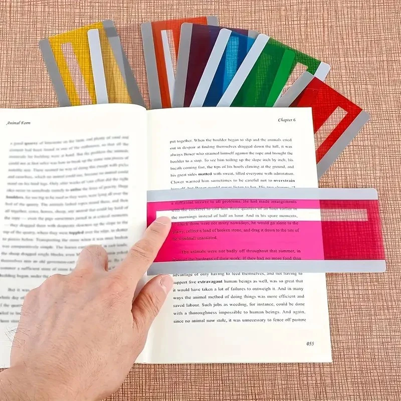 8 strisce multicolore per la lettura guidata, con evidenziatore e righello per tracciare la lettura, utili come segnalibro per studenti con dislessia
