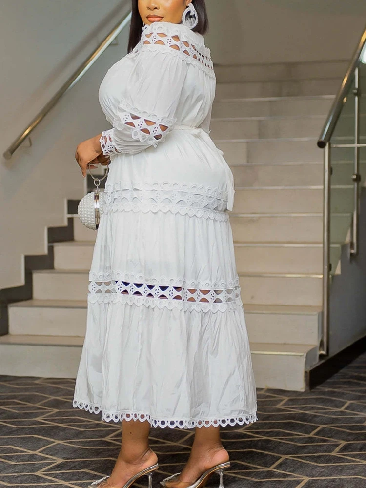 Weiß aushöhlen Kleid Frauen Vintage Spitze Spleiß lange Kleider weiblich elegant schick lässig einreihig Verband Party kleider