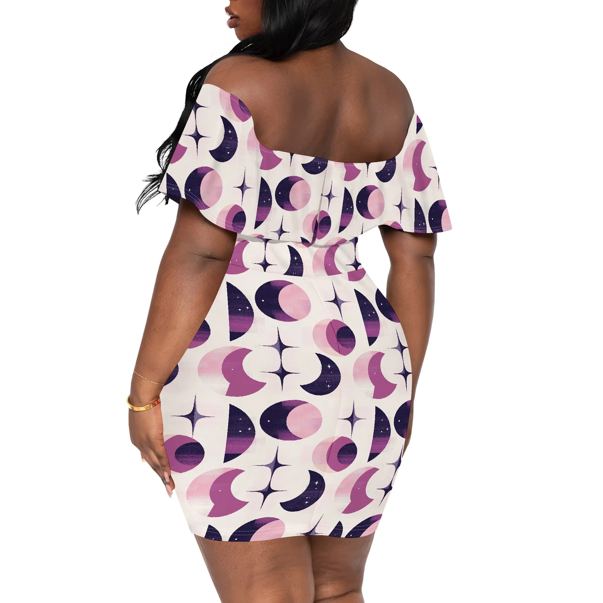 Women's Off Shoulder Moon Print Dress Bodycon Astrology Aesthetic Summer Party Look Cosmic Style S-3XL